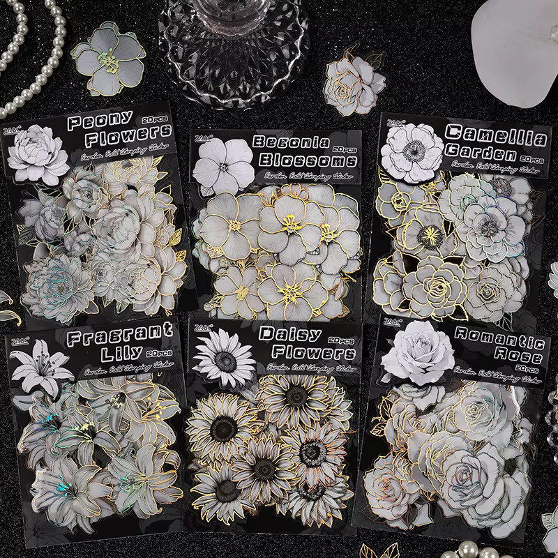 Wasserfeste Blumenaufkleber in Schwarz-Weiß mit goldenen holografischen Umrissen für Scrapbooking und Tagebuch - Bild 2