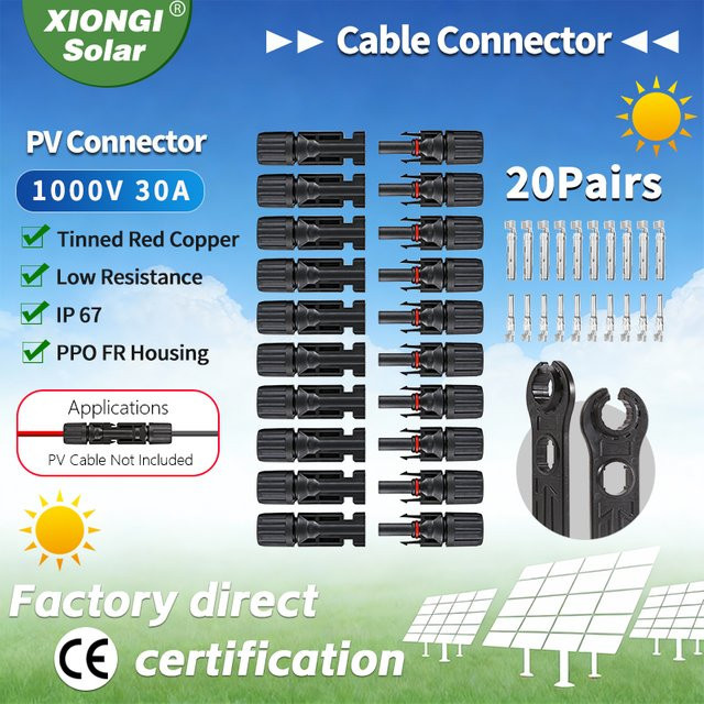XIONGISOLAR Solar-Kabelverbinder Set 20 Paar in Schwarz, Wasserdicht 1000V 30A Stecker und Buchse inklusive 2 Schraubenschlüssel - Bild 1