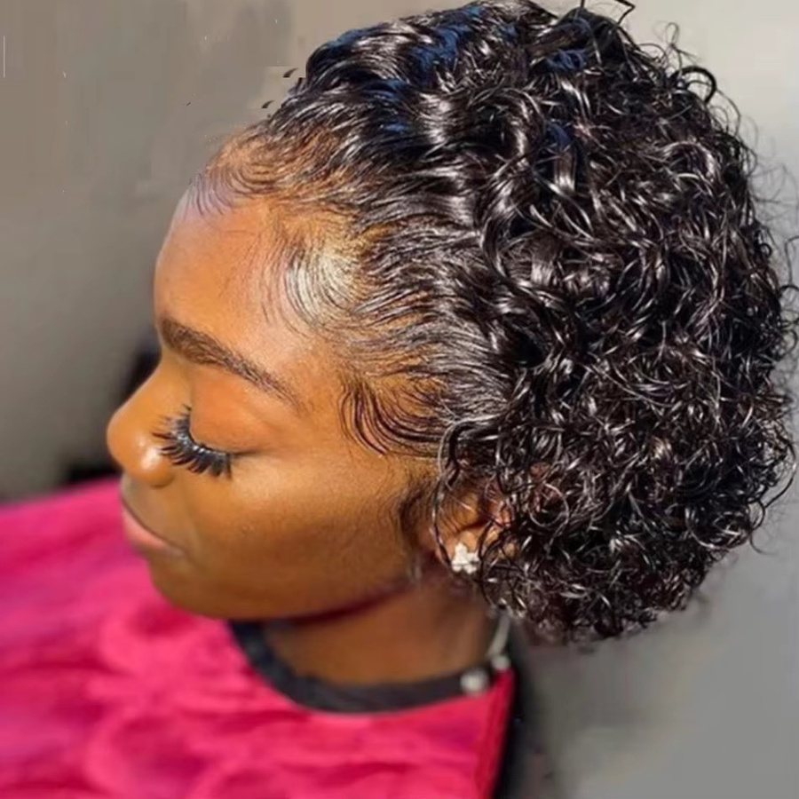 Dula A Hair Perücke, Pixie Cut Bob, lockig, Echthaar, Deep Wave, 13x1 Transparente Spitze - Bild 2