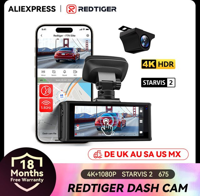 REDTIGER F7N ELITE 4K Dashcam Set vorne und hinten in Schwarz mit STARVIS 2 Sensor, 5,8GHz WLAN und GPS - Bild 1