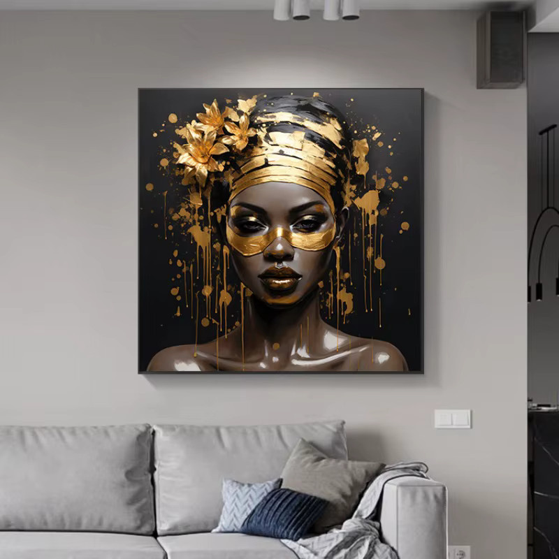Potdemiel Moderne Leinwanddrucke Afrikanische Schönheit Gold und Schwarz Abstrakte Wandkunst Portrait Poster - Bild 2