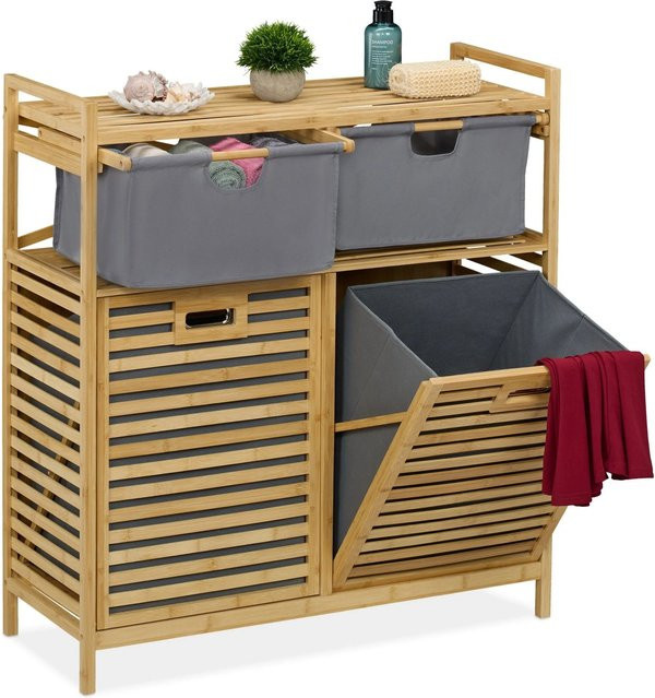 Relaxdays Wäschekorbregal aus Bambus mit 2 Schubladen und Ablage, Farbe Natur Grau, B/T/H: 88 x 33 x 95 cm - Bild 1
