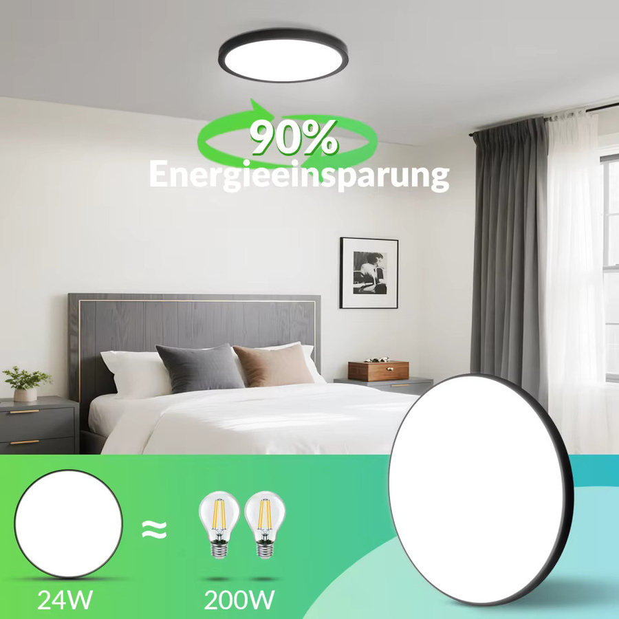 NETTLIFE Moderne Runde LED-Deckenleuchte Schwarz, 24W, Durchmesser: 30 cm, Höhe: 2,4 cm, Feuchtigkeitsbeständig und Staubdicht für Badezimmer und Küche - Bild 3