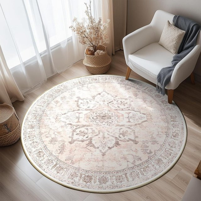 Runder Teppich von Karpetti in Grün im Vintage-Boho-Stil, maschinenwaschbar, Durchmesser: 120 cm - Bild 1