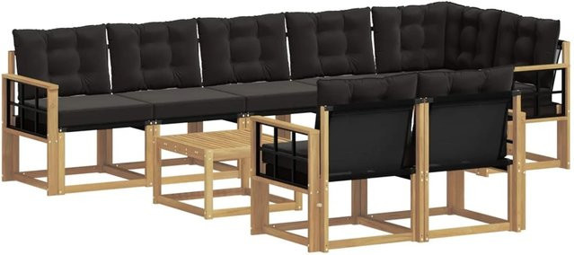 vidaXL Outdoor-Sofagarnitur 9-tlg. in L-Form mit Kissen und Couchtisch aus Akazienholz in Weiß und Schwarz - Bild 1