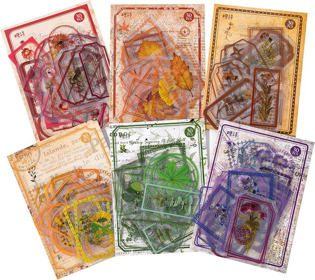 Mist Flower Series PET-Aufkleber Set mit 30 Stück in 6 verschiedenen Stilen, dekorative Retro-Pflanzenaufkleber für DIY-Schreibwaren und Notizbücher, Mehrfarbig - Bild 1