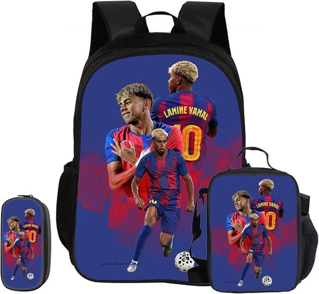 Fancy Style Studio Kinderrucksack Set L-Lamin Yamal Fußballstar in Blau mit Federmäppchen, Tasche und Brotdose - Bild 1