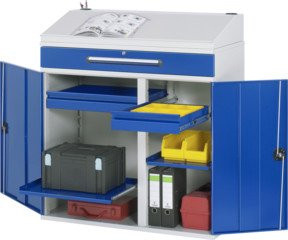 Rau Beistellschrank Stehpult Modell 03 aus Stahlblech mit Türen und Innenschubladen B/T/H: 110 x 52 x 111/122 cm - Bild 1