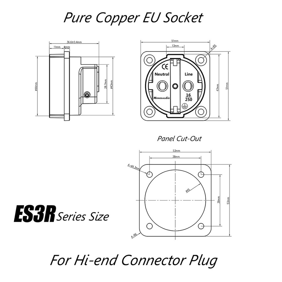 Monosaudio Hifi Schuko-Steckdose ES3R aus reinem Kupfer, rhodiniert, Schwarz, AC 250V 16A - Bild 4
