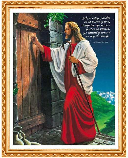 FIYO Diamantstickerei Jesus klopft an die Tür mit runden Steinen, Motiv Kreuzstich, Farbe: Blau/Mehrfarbig, Breite: 30 cm, Höhe: 20 cm - Bild 1