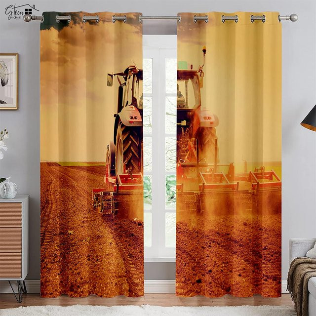 Dekorative Traktor Farm Vorhänge im industriellen Stil aus Polyester, 2er-Set, Braun, Breite: 50 cm, Höhe: 130 cm - Bild 1