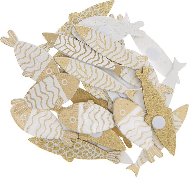 Rico Design Holzsticker Fisch Mix in Gold und Weiß, 24 Stück - Bild 1