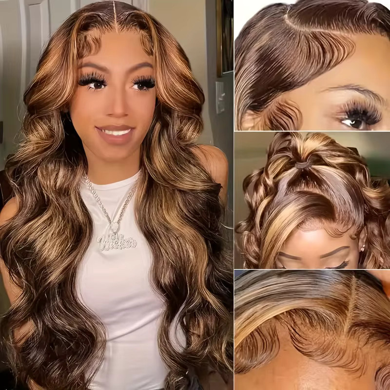 FIUMER Echthaar-Perücke, Braune Body Wave, HD Lace Frontal, P4/27 Ombre Braun, 86cm - Bild 3