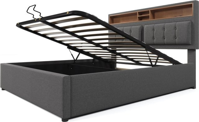 okwish Polsterbett Beige mit Bettkasten, USB-Ladefunktion und Nachttischablage, B/T/H: 160 x 200 x 103 cm (ohne Matratze) - Bild 1