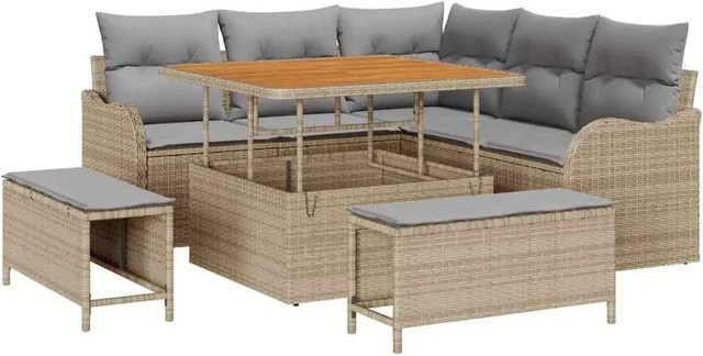 vidaXL Garten-Sofa-Set 8-teilig in Beige aus Poly-Rattan und Akazienholz mit Tisch und Hockern - Bild 1