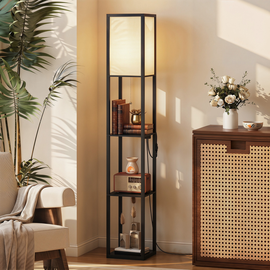HOMCOM LED Stehleuchte mit Ablagen in Schwarz, dimmbar mit Kettenschalter und Steckdosen, modernes Design - Bild 2