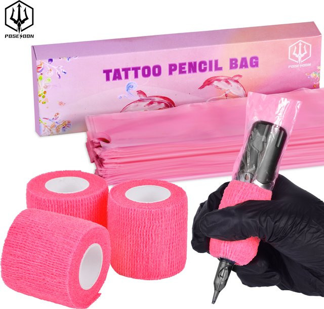 POSEIDON Tattoo-Bleistifthüllen und Bandagen Set in Pink, 200 Stück Hüllen und 3 Stück Bandagen, Microblading-Zubehör für Profis - Bild 1