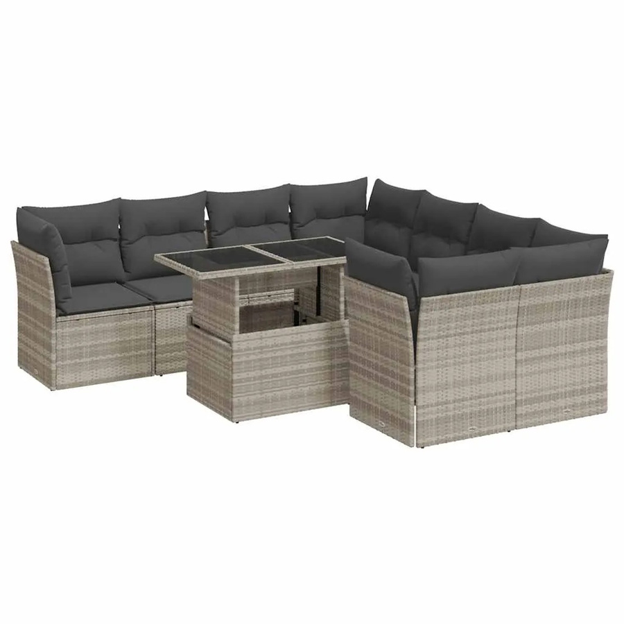 vidaXL 9-teilige Garten-Sofagarnitur in L-Form aus Poly-Rattan in Hellgrau mit Sitzkissen und Stauraum - Bild 2