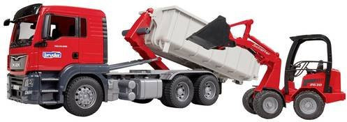 Bruder MAN TGS LKW mit Abrollcontainer und Schäffer Hoflader Baustelle Set - Bild 1