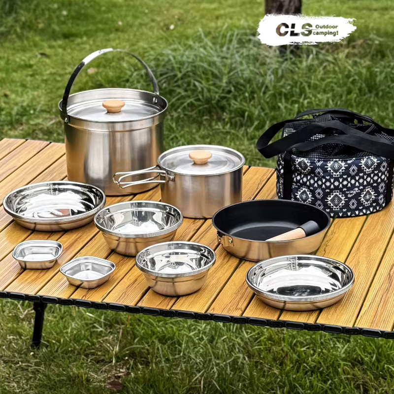 MOUNTAINHIKER Camping Geschirrset aus Edelstahl in Silber, 22-teiliges Outdoor Kochset mit Töpfen und Schüsseln - Bild 2