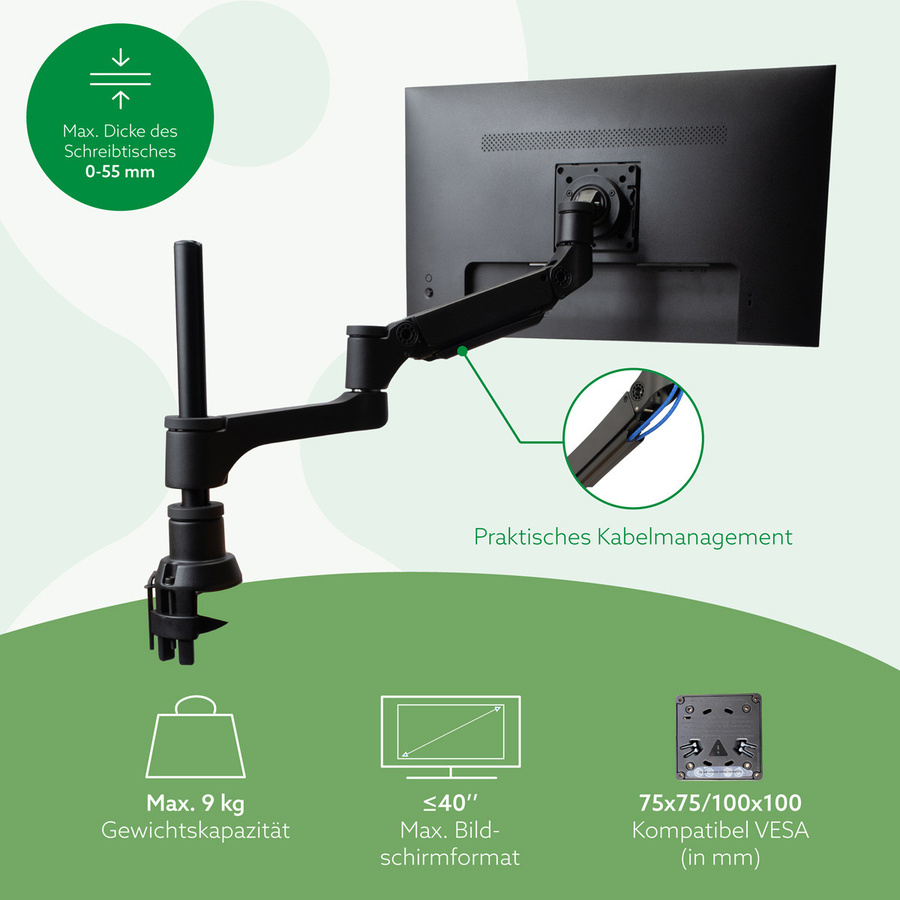 R-Go Caparo Monitorarm mit Gasfeder in Schwarz, verstellbarer Einzelmonitorarm für 3-9 kg Tragkraft, VESA 100x100 mm - Bild 2
