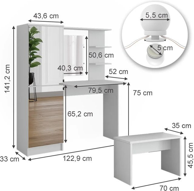 Vicco Frisierkommode Jasmin Weiß mit LED-Beleuchtung und Bank - Bild 1