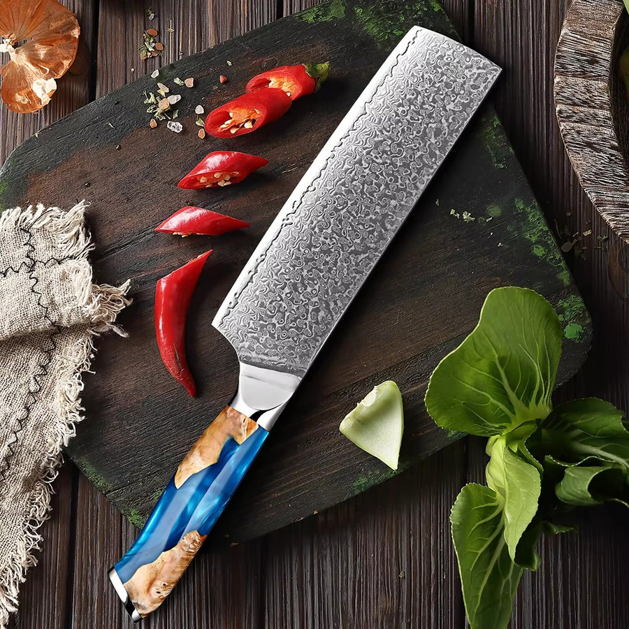 Xituo Japanisches Nakiri Gemüsemesser aus Damaststahl mit blauem Holzgriff, 17,78 cm - Bild 4