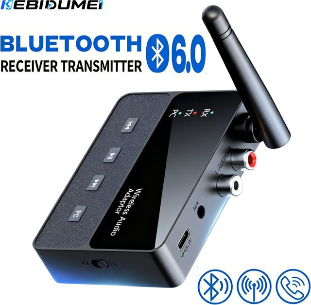 KEBIDUMEI Bluetooth 6.0 Empfänger und Sender, Wireless Stereo Audio Adapter mit 3,5 mm Klinkenanschluss, Schwarz - Bild 1
