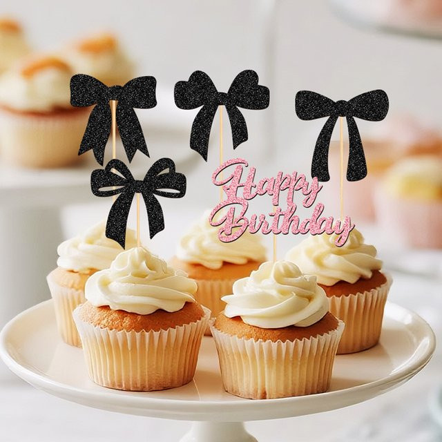 YOMDID 25 Stück Cupcake-Topper mit glitzernder Schleife für Geburtstagskuchen in Schwarz und Pink - Bild 1