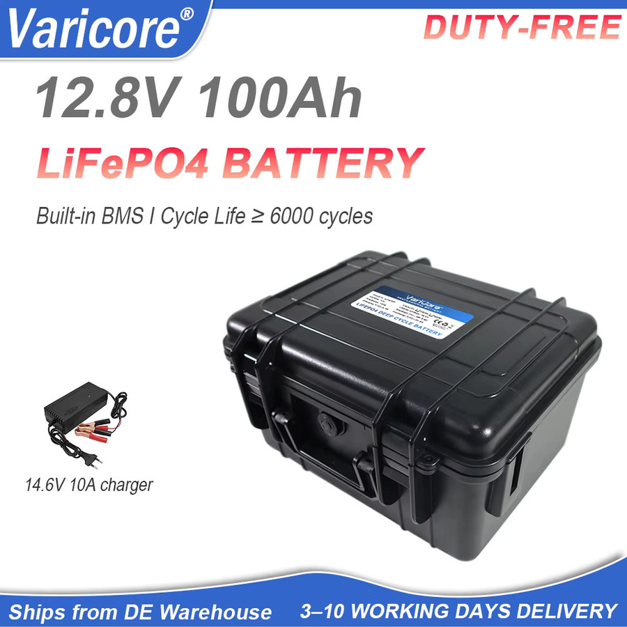 VariCore 12V 100Ah LiFePO4 Batterie mit integriertem BMS, LCD-Display, USB 3.0 und Typ-C, wasserdichte und feuerfeste Box-Batterie in Schwarz für Wohnmobile, Camping, Solaranlagen und Golfcarts - Bild 1