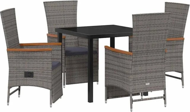 vidaXL Garten Essgruppe aus Poly-Rattan in Grau mit 5-teiligem Set, Tisch und Stühlen aus Akazienholz und pulverbeschichtetem Stahl, inklusive wetterfester Kissen - Bild 1