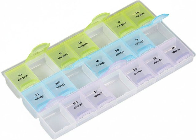 Relaxdays Tablettenbox aus Kunststoff in Transparent Bunt mit 7 Tagen und 3 Fächern, B/T/H: 21,5 x 2,5 x 12 cm - Bild 1