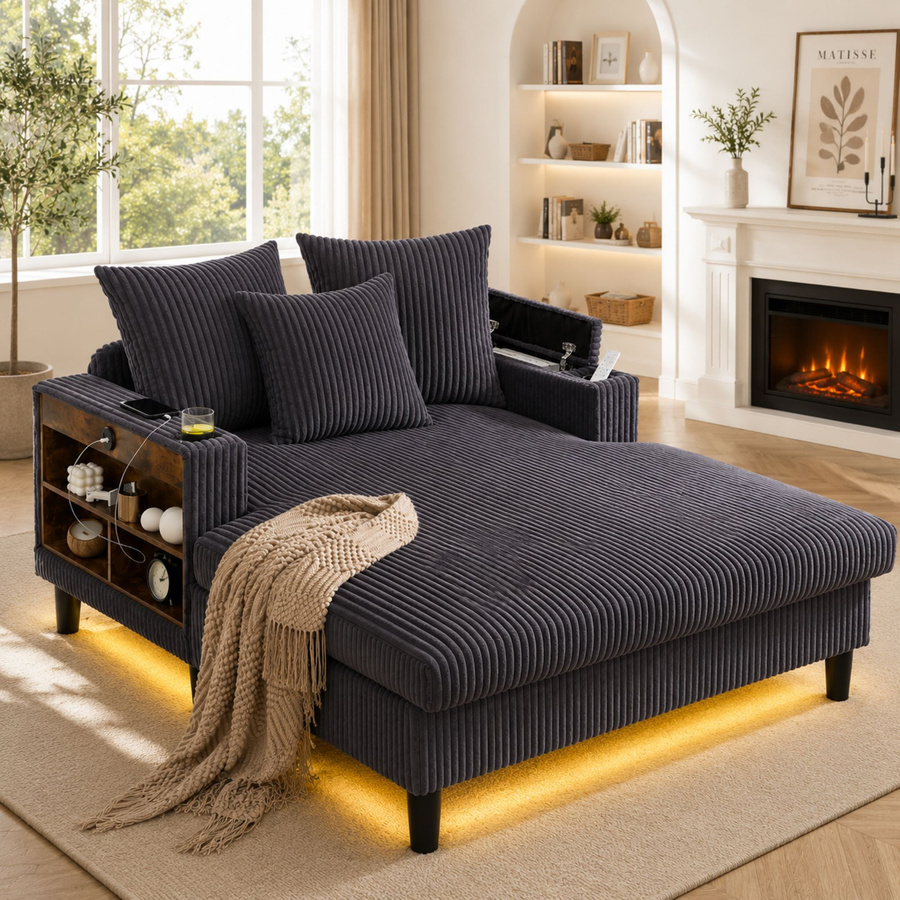 GOMYWAY Home Multifunktionale Cord-Chaiselongue in Grau mit beidseitigen Getränkehaltern und klappbarer Armlehne, B/T/H: 129 x 170 x 70 cm - Bild 2