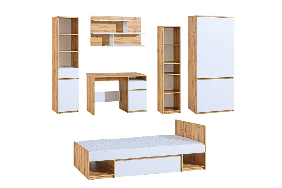 Deine Möbel 24 Jugendzimmer-Set ARCO B in Weiß Matt Eiche Wotan, 6-teiliges Kinderzimmer-Set mit Schreibtisch, Bett, Kleiderschrank, Regal und Hängeregal - Bild 1