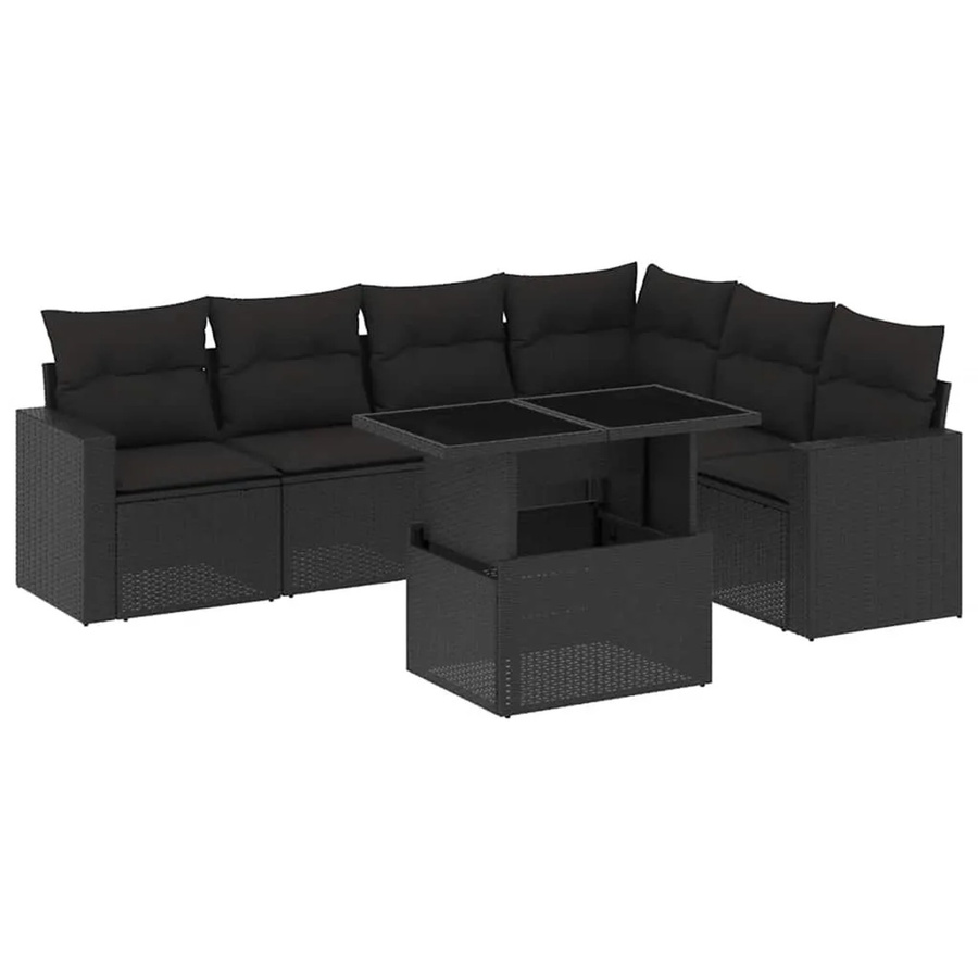 vidaXL 7-teilige Garten-Sofagarnitur in L-Form aus schwarzem Poly-Rattan mit Kissen und pulverbeschichtetem Stahlgestell - Bild 2