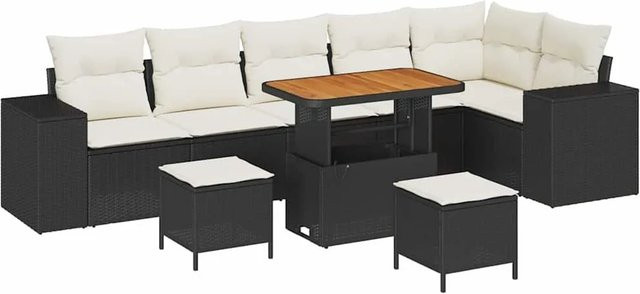 vidaXL Garten-Sofa-Set 9-teilig aus Poly-Rattan und Akazienholz in Schwarz-Creme mit Polstern - Bild 1