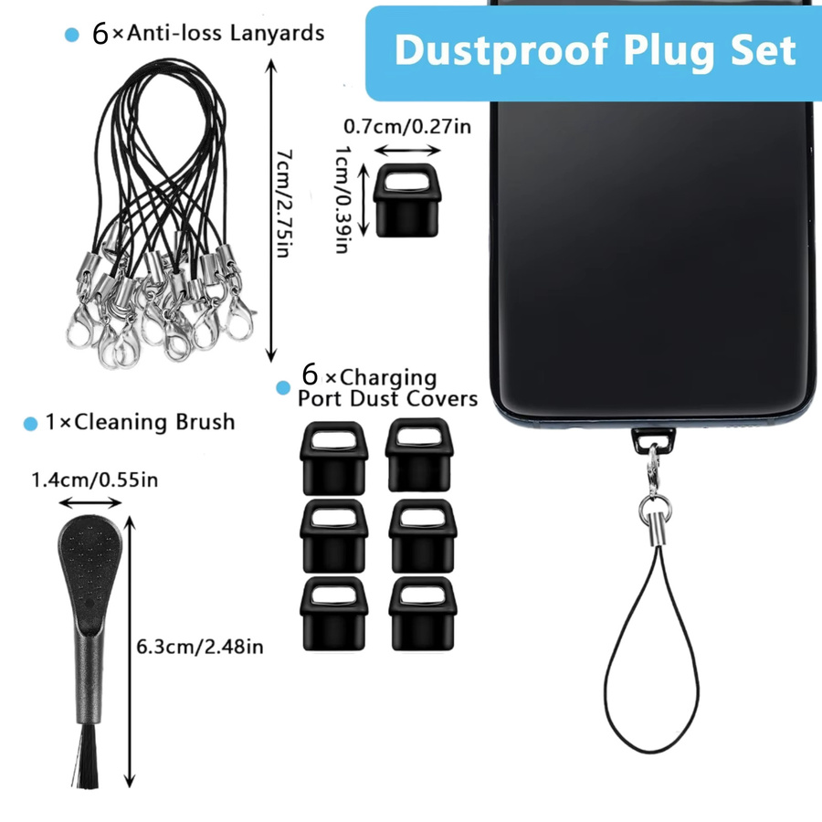 6er Set staubdichte USB-C Stecker Abdeckungen in Schwarz und Weiß inklusive Reinigungsbürste und Lanyards zur Pflege von Mobiltelefonen und Computern - Bild 3