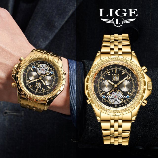LIGE Chronograph, Automatik, Edelstahl, Schwarz, Herren - Bild 1