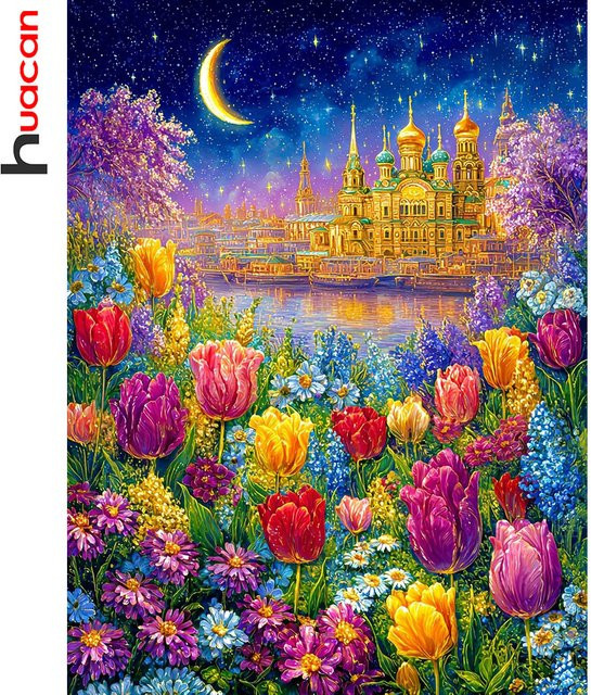 Huacan Diamant-Malerei Tulpe und Kirche als dekoratives Mosaik-Gemälde in Mehrfarbig, B/H: 20 x 30 cm - Bild 1