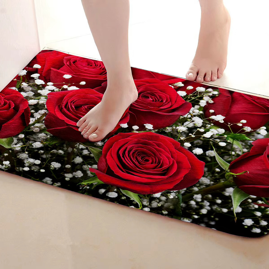 VIKAMA Teppich mit romantischem Rosendruck in Rot, rutschfest und schmutzabweisend, ideal für Küche, Badezimmer oder Eingangsbereich - Bild 2