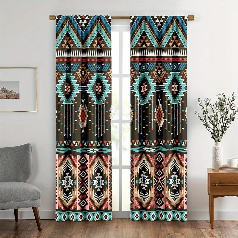 Set aus 2 Boho Jit Geometrischen Ethnischen Vorhängen aus Polyester in Multicolor, Verdunkelungsvorhänge mit Stangentasche, Breite: 100 cm, Höhe: 70 cm - Bild 2