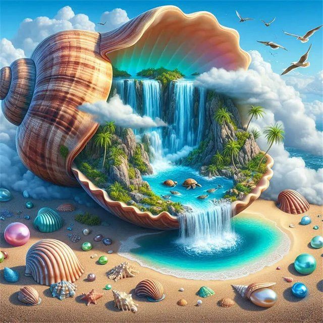 YUTTEE Diamond Painting DIY Set Abstrakte Landschaft mit Muschel und Wasserfall als Mosaik Stickerei für dein Home Decor mit runden Diamanten - Bild 1