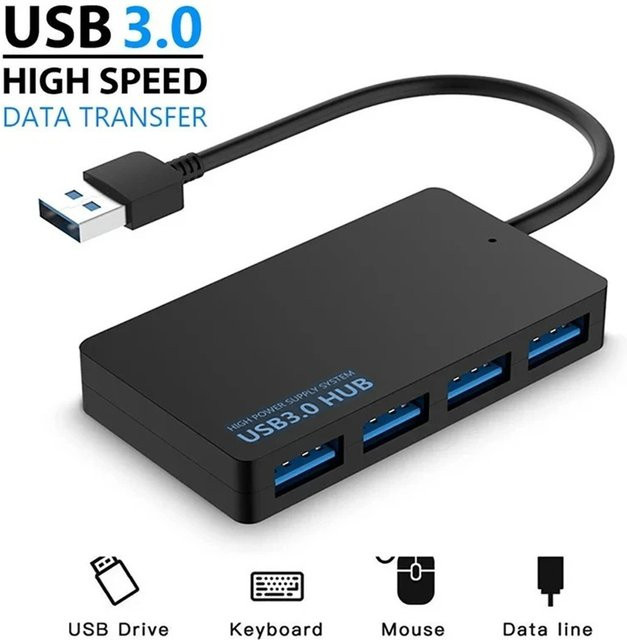 USB 3.0 High-Speed Hub mit 4 Ports als Multifunktions-USB-Splitter und Expander für Laptop und PC in Schwarz - Bild 1