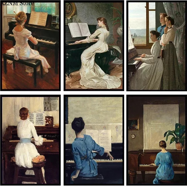 Potdemiel Vintage Leinwand Poster Mädchen am Spielklavier Mehrfarbig Wandkunst Bild ohne Rahmen - Bild 1