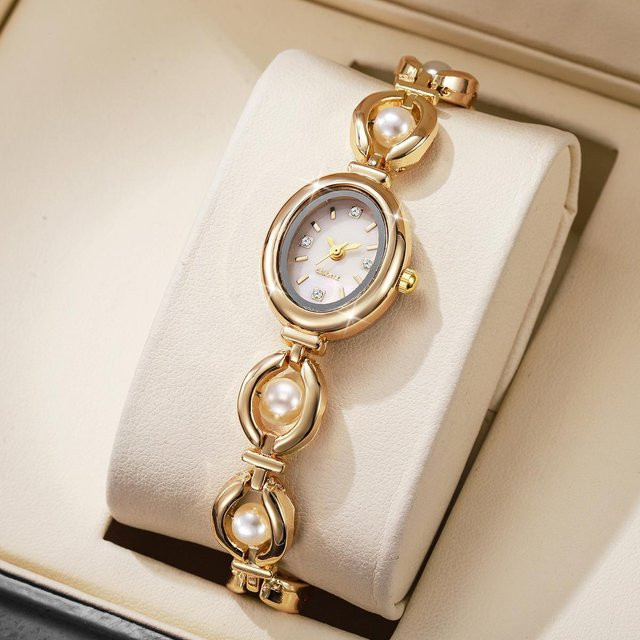 Armbanduhr Quarz, Perlen Armband, Gold, Damen - Bild 1