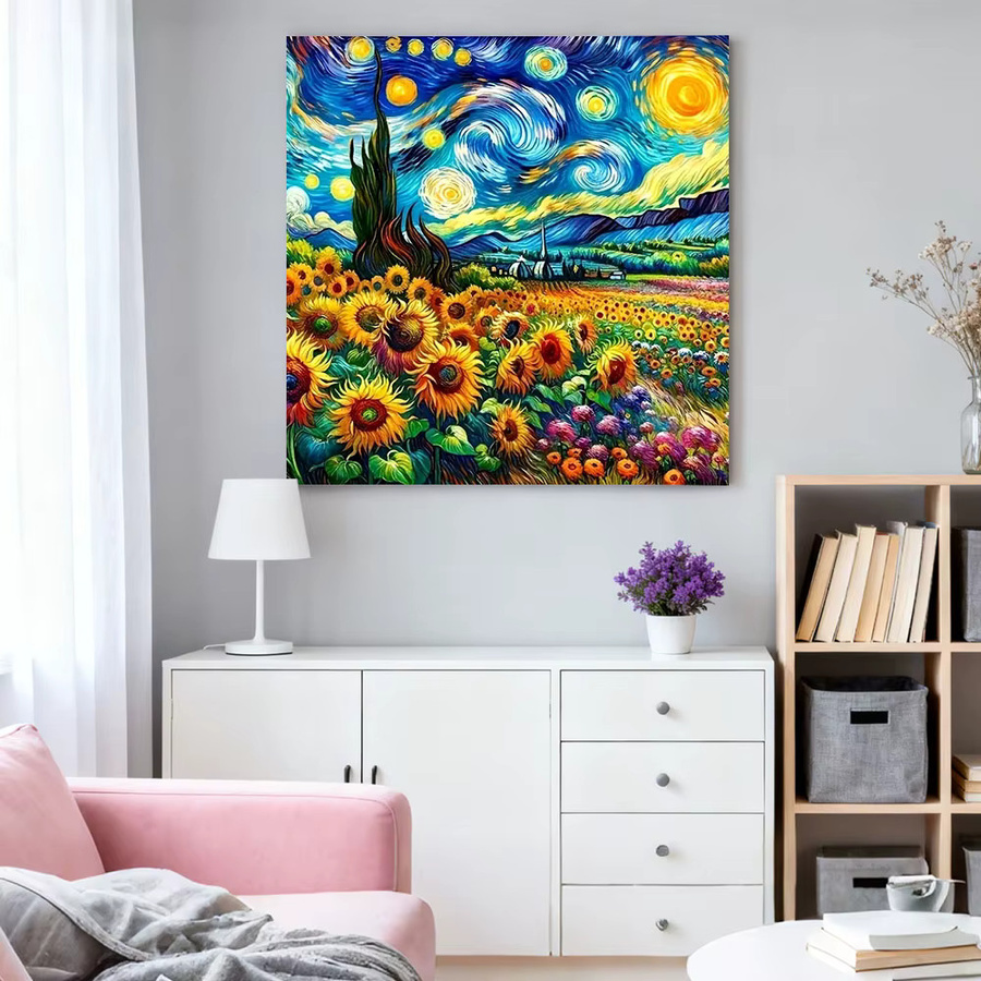 HUACAN Diamant-Mosaik Set Sonnenblume Landschaft mit runden Strasssteinen in Mehrfarbig, B/H: 20 x 20 cm - Bild 3