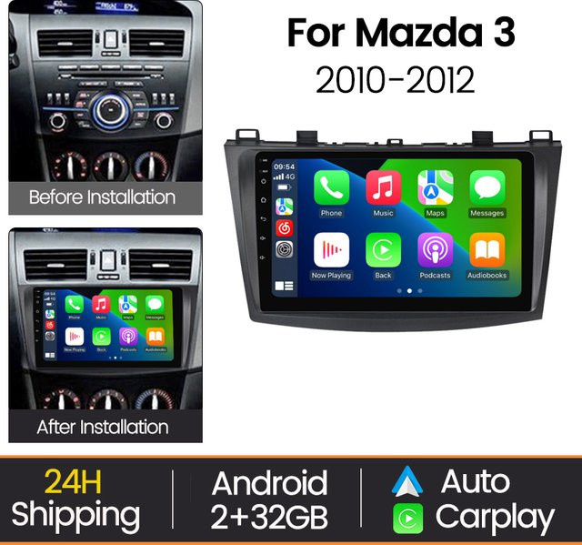 MEKEDE 9 Zoll 2 Din Autoradio für Mazda 3 2010-2012 mit Android Auto, kabellosem CarPlay und GPS-Navigation in Schwarz - Bild 1