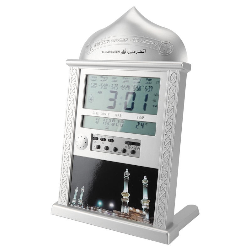 Digitale Azan Gebetsuhr von Tooarts mit Wecker und Datumsanzeige, multifunktionale muslimische Wanduhr in Silber - Bild 7