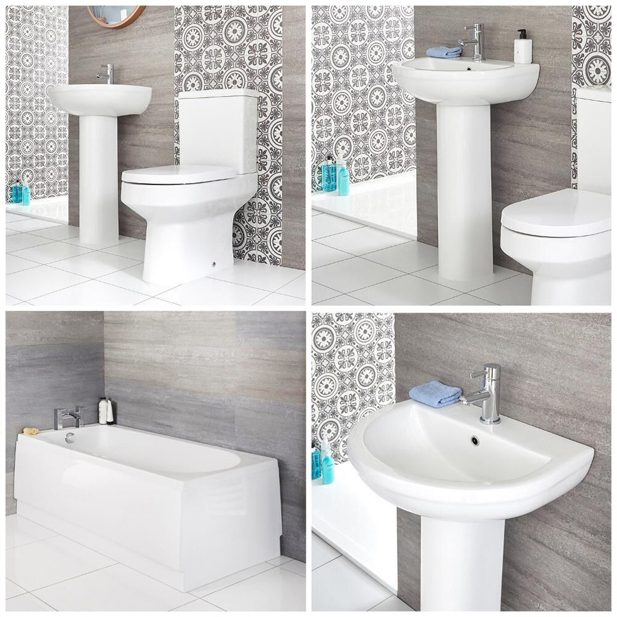 Hudson Reed Badezimmerset Covelly aus Keramik in Weiß mit Säulenwaschbecken, WC mit Spülkasten und Badewanne - Bild 1