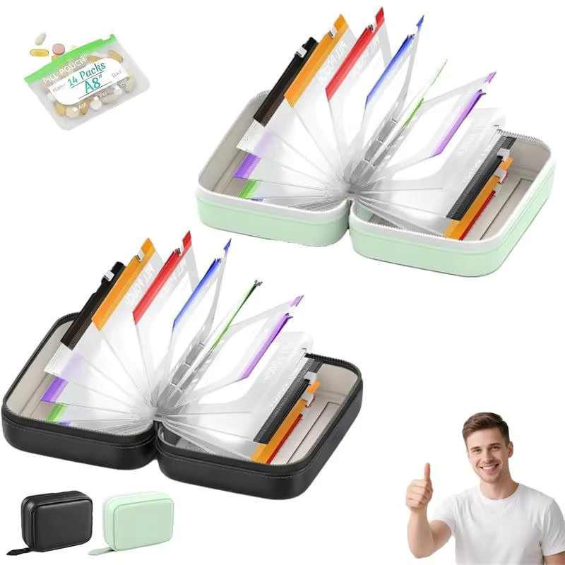 Wasserdichtes Pillenbeutel-Set mit 14 farbcodierten Beuteln in Multicolour und beschreibbaren Etiketten für deine täglichen Medikamente und Vitamine - Bild 2